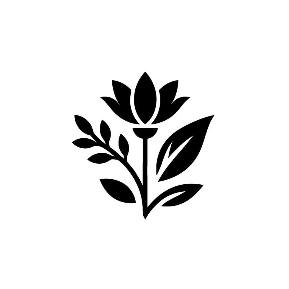 Minimalist black and white floral illustration featuring a stylized lotus flower, leaves, and stem arranged on a white background. vector