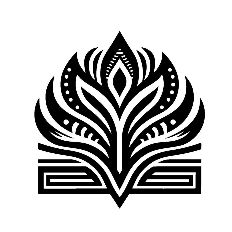 A symmetrical black and white stylized floral emblem, featuring layered petallike shapes, geometric base, and dot accents on a crisp white background, evoking elegance. vector