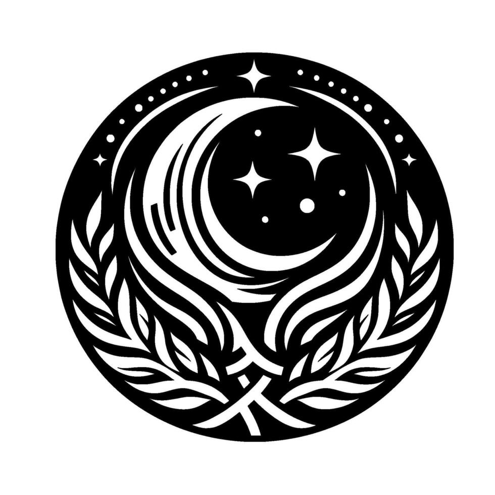 Intricate black and white circular emblem featuring a crescent moon, stars, dots, and stylized leafy elements, suggestive of celestial and natural harmony. vector