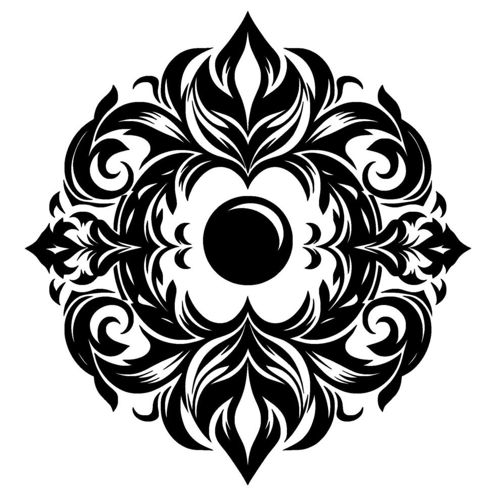 Symmetrical Black and White Floral Pattern with a Central Circle and Ornate, Detailed Designs in a Decorative, Repeating Composition. vector