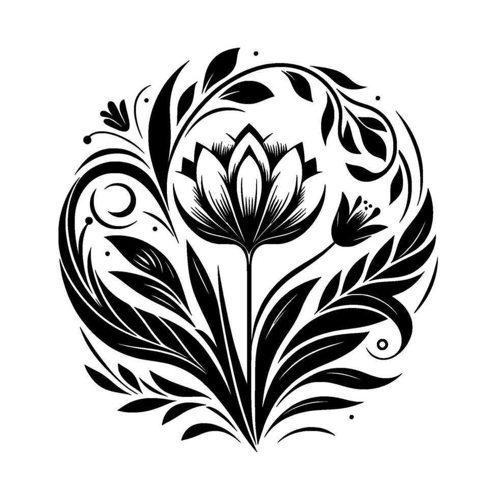 Intricate Black and White Floral Mandala Featuring a Central Lotus Blossom, surrounded by Leaves, Swirls, and Smaller Floral Elements. vector