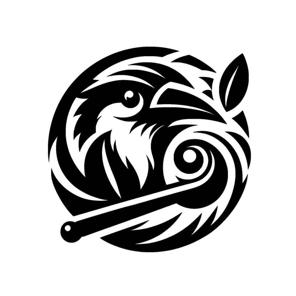 A stylized monochrome of a birds head and body encompassed by swirling shapes and lines, featuring a dark, glossy ball and a leaf. vector
