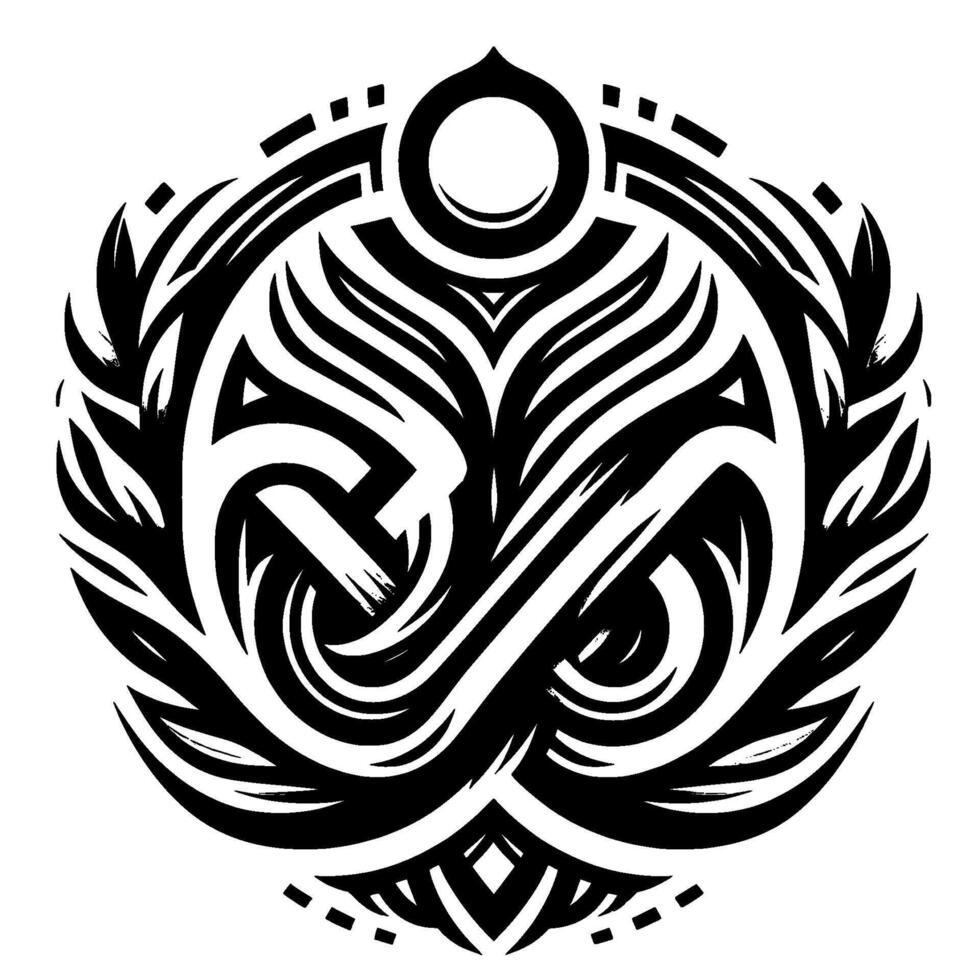 Intricate Tribal Emblem Circular Monochrome Featuring Flowing Lines, Symmetrical Shapes, and Ornamental Details on White Background. vector