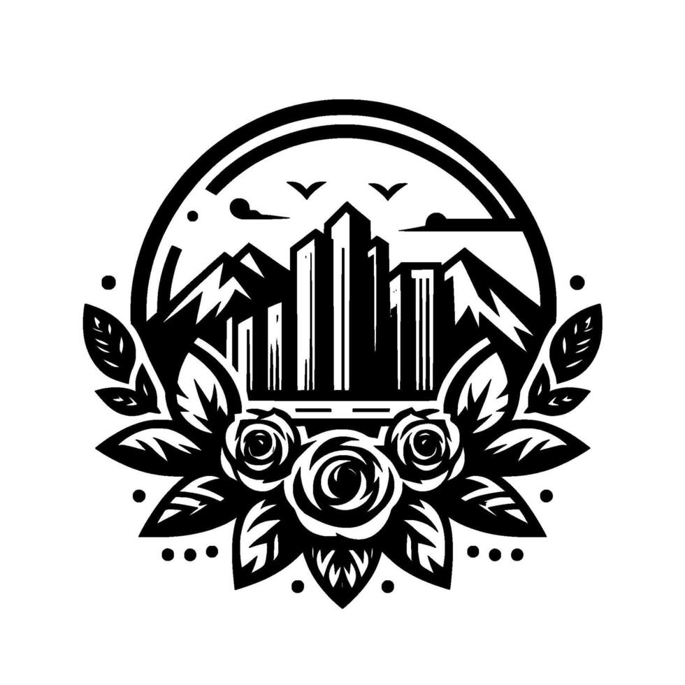 Black and white floral emblem featuring a cityscape of tall buildings amidst mountain peaks, birds, and roses, contained within a circular frame. vector