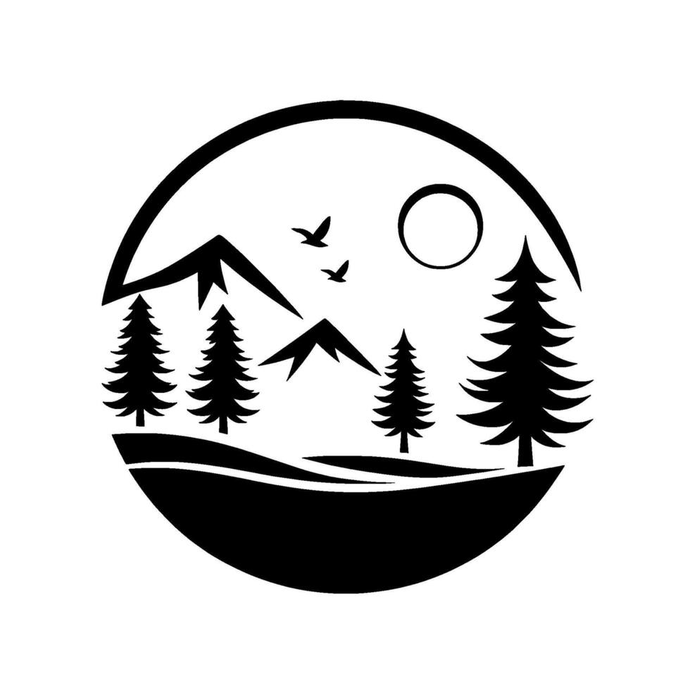 A minimalist black and white circular emblem depicting a scenic mountain landscape with pine trees, sun, and flying birds, evoking a sense of nature and tranquility. vector