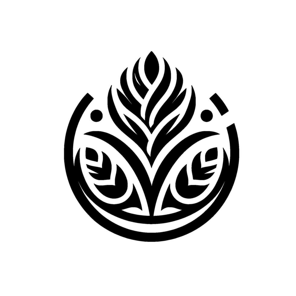Bold Black and White Botanical Emblem Stylized floral within a circle, with a tribal art aesthetic, set against a pristine white background, evoking harmony. vector