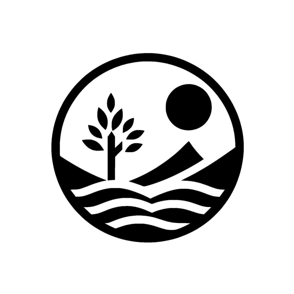 A minimalistic, blackandwhite nature emblem featuring a stylized tree on a landscape with mountains, sun, and water, enclosed in a circle. vector