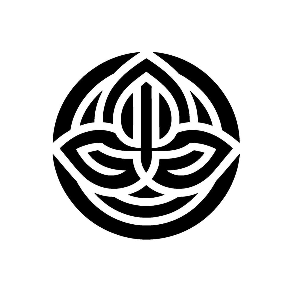Symmetrical, abstract black and white featuring interwoven lines and shapes, resembling a stylized flower or emblem within a circular frame. vector