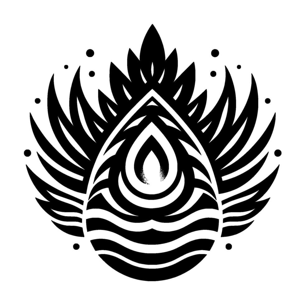 An elegant, symmetrical monochrome illustration featuring a stylized teardrop or seedlike form encompassed by feathers, leaves, and dotted accents, creating a balanced, art deco composition. vector