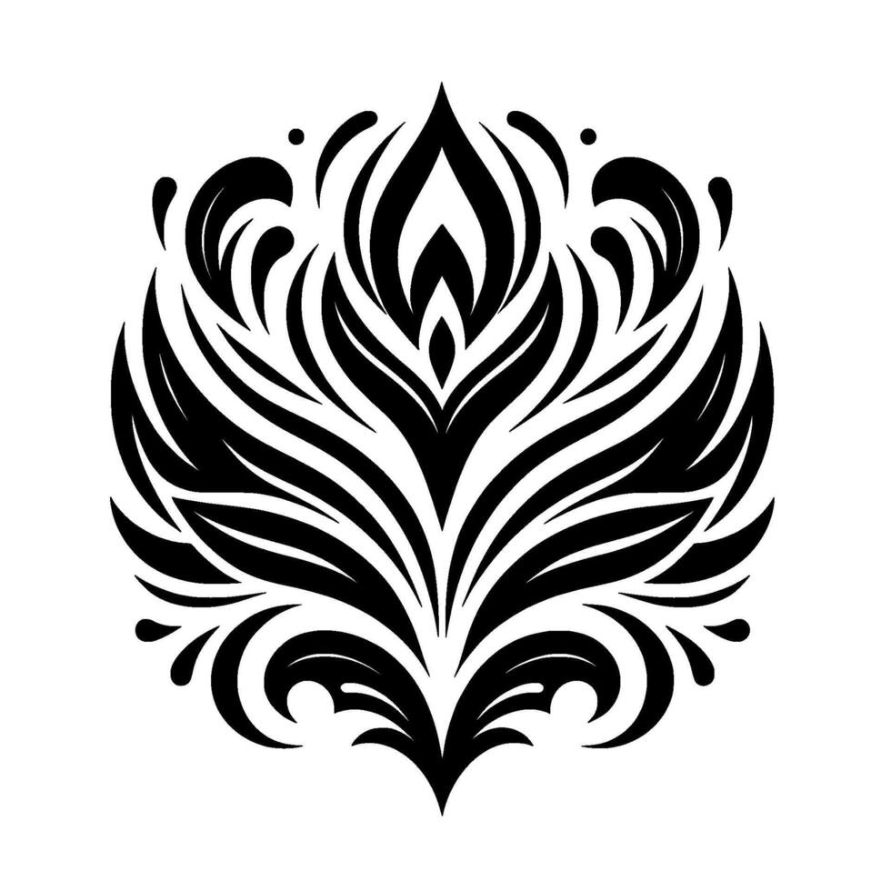 A symmetrical, intricate floral in monochrome, featuring stylized petals and organic curves, set against a stark white background, evoking a sense of elegance and minimalist aesthetic. vector
