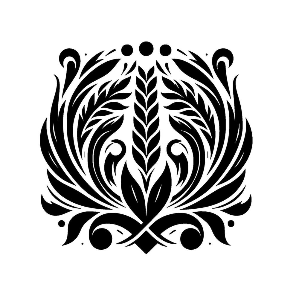 Symmetrical Black and White Floral Emblem with Wheatlike Center and Ornamental Leafy Border on White Background. vector