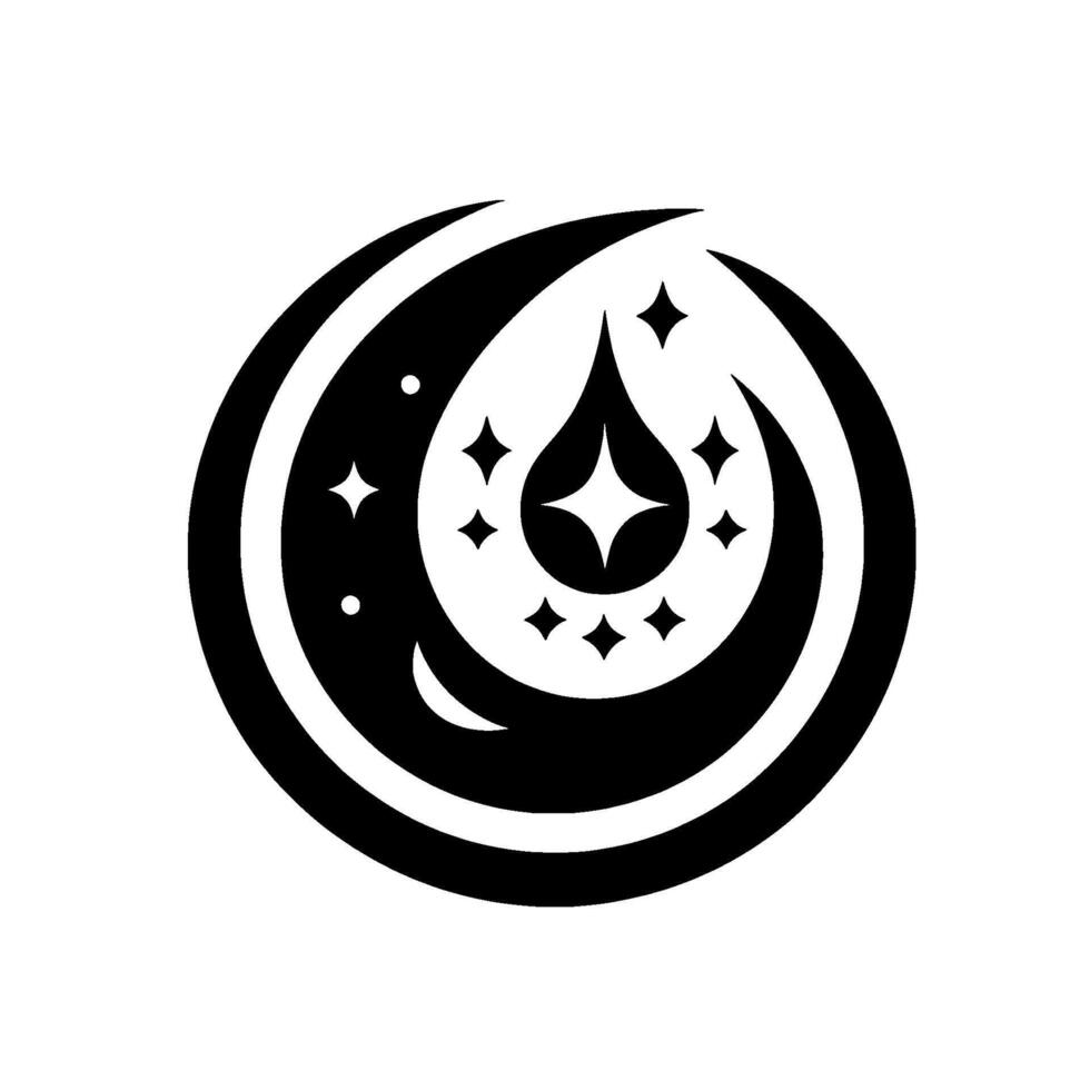 Celestial Emblem A stylized black and white featuring concentric crescents, stars, and a central teardropshaped element suggesting cosmic harmony. vector