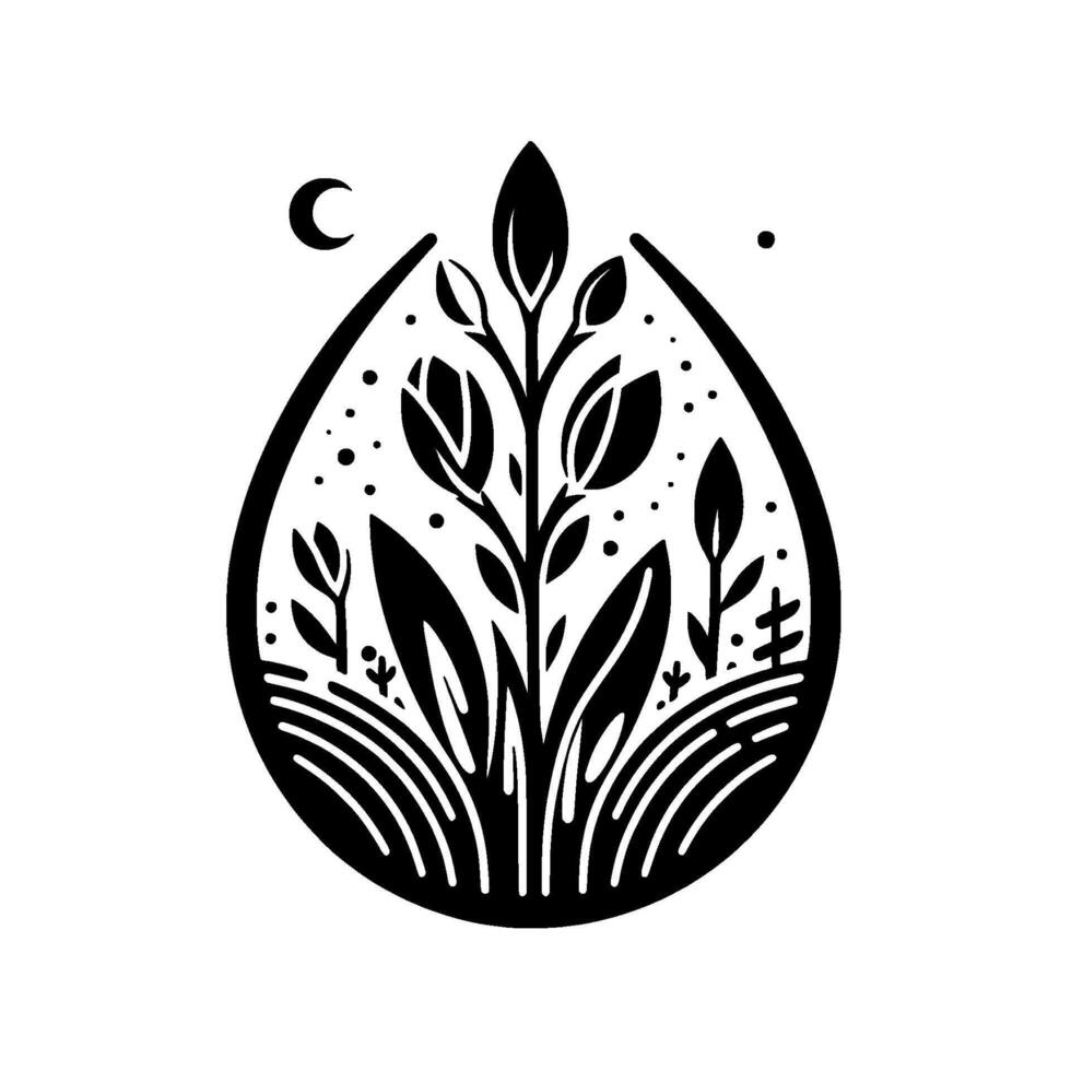 Elegant Black and White Floral Illustration within a Water Droplet Shape, Depicting Nature, Serenity, and Whimsy, Accented by Crescent Moon and Stars. vector
