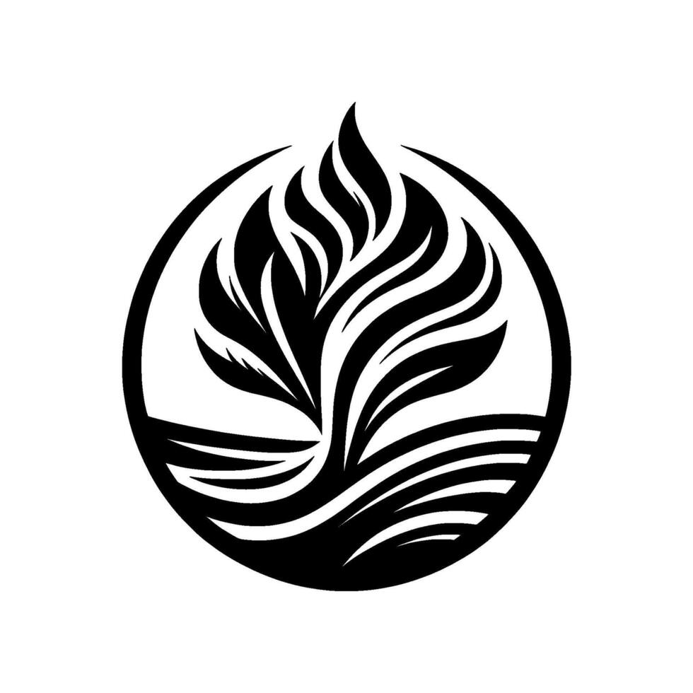 Stylized Black and White Emblem of a Tree with Flowing Foliage Enclosed in a Circular Frame on a White Background. vector