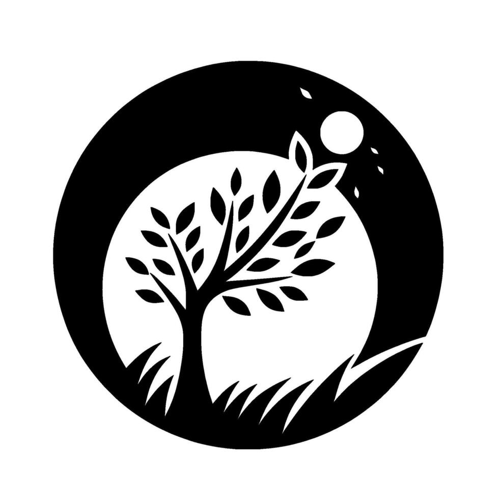 Monochromatic minimalist illustration of a tree within a circular frame, depicting a natural scene, with a bright moon and grass in black on white. vector