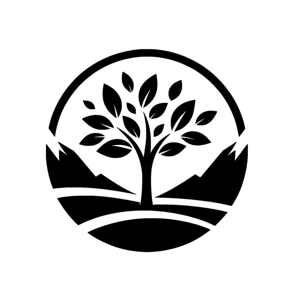 A minimalist black and white emblem featuring a stylized tree within a circle, framed by mountain silhouettes, symbolizing growth and nature. vector
