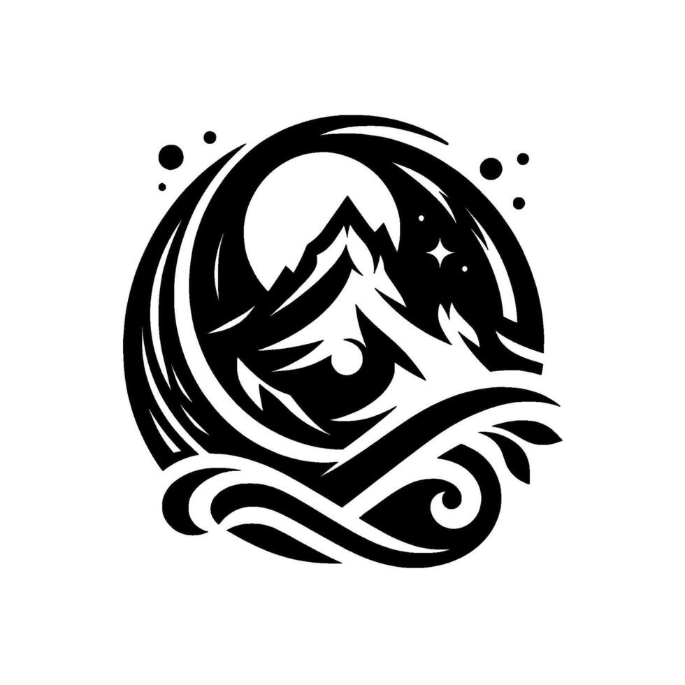 Abstract Monochromatic Mountainous Landscape Inside an Oval Frame with Moon and Stars vector