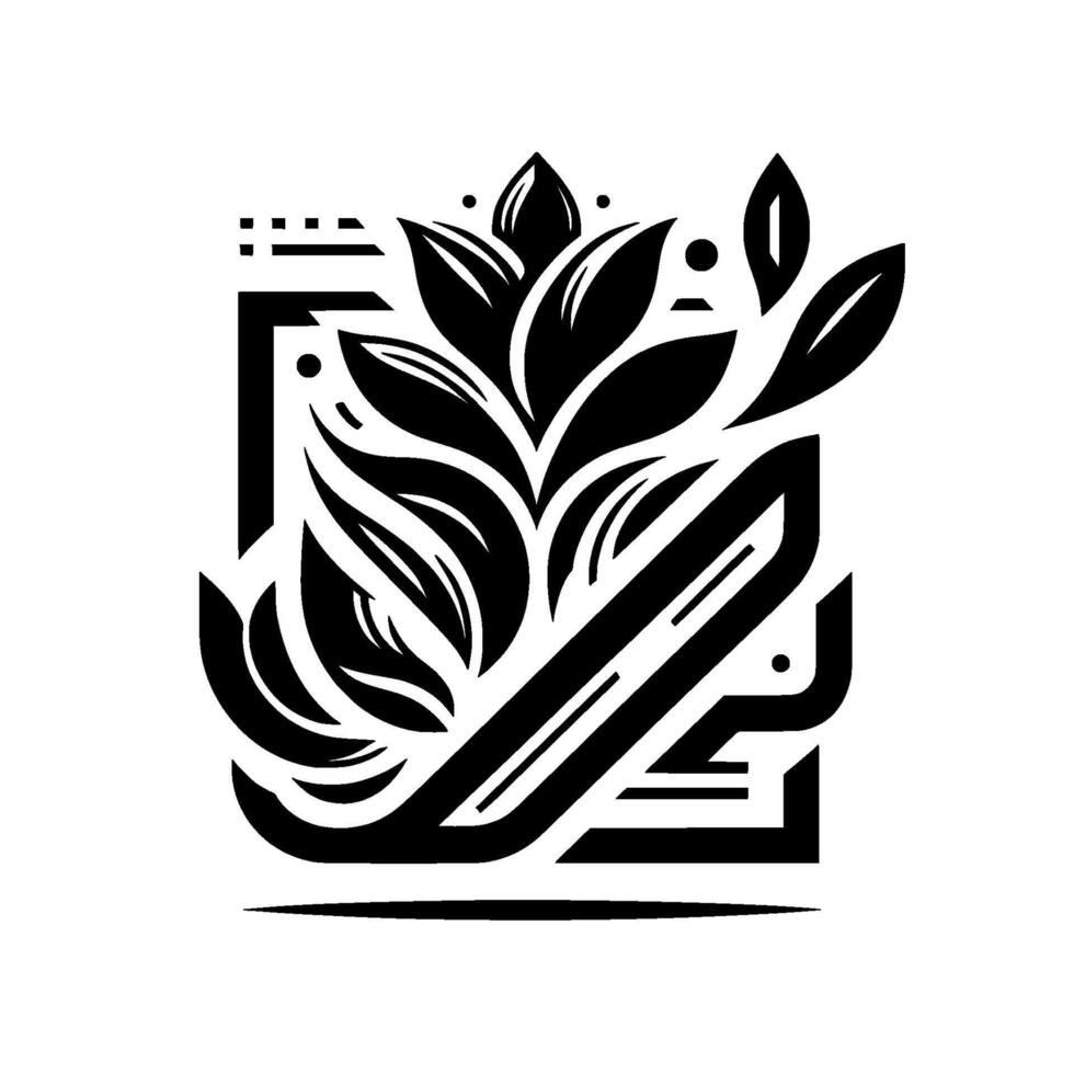 Geometric Black and White Floral Design A stylized, modern illustration of a flower and leaves contained within a geometric frame, minimalist aesthetics. vector