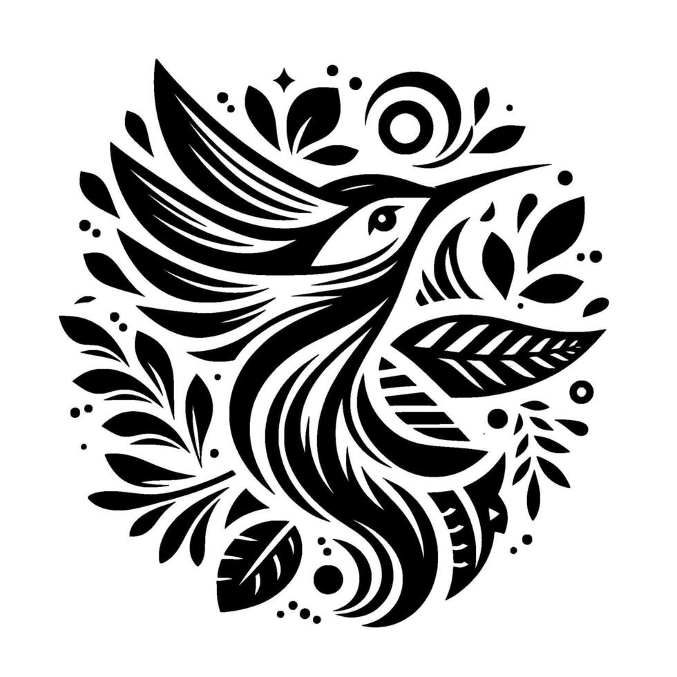 Elegant Black White Hummingbird Mandala A Stylized Composition of Bird, Leaves, and Geometric Flourishes, set against a clean white backdrop. vector