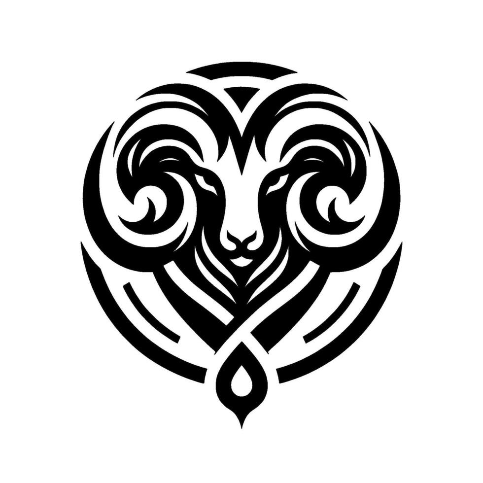 Minimalist black and white symmetrical tribal illustration of a rams head, enclosed in a circle, evoking strength and nature. vector