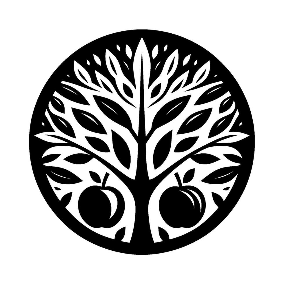 Black and White Minimalist Circular Illustration of a Tree with Apples, Representing Nature and Harmony, Silhouette Art, Digital Design. vector