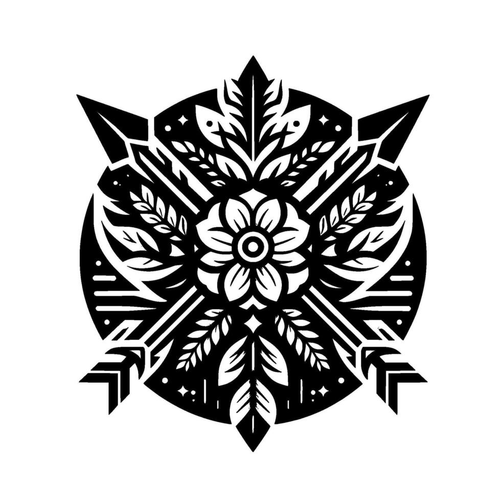 A symmetrical, blackandwhite emblem featuring a floral center, arrows, and leaf elements within a circular frame, set against a clean white background. vector
