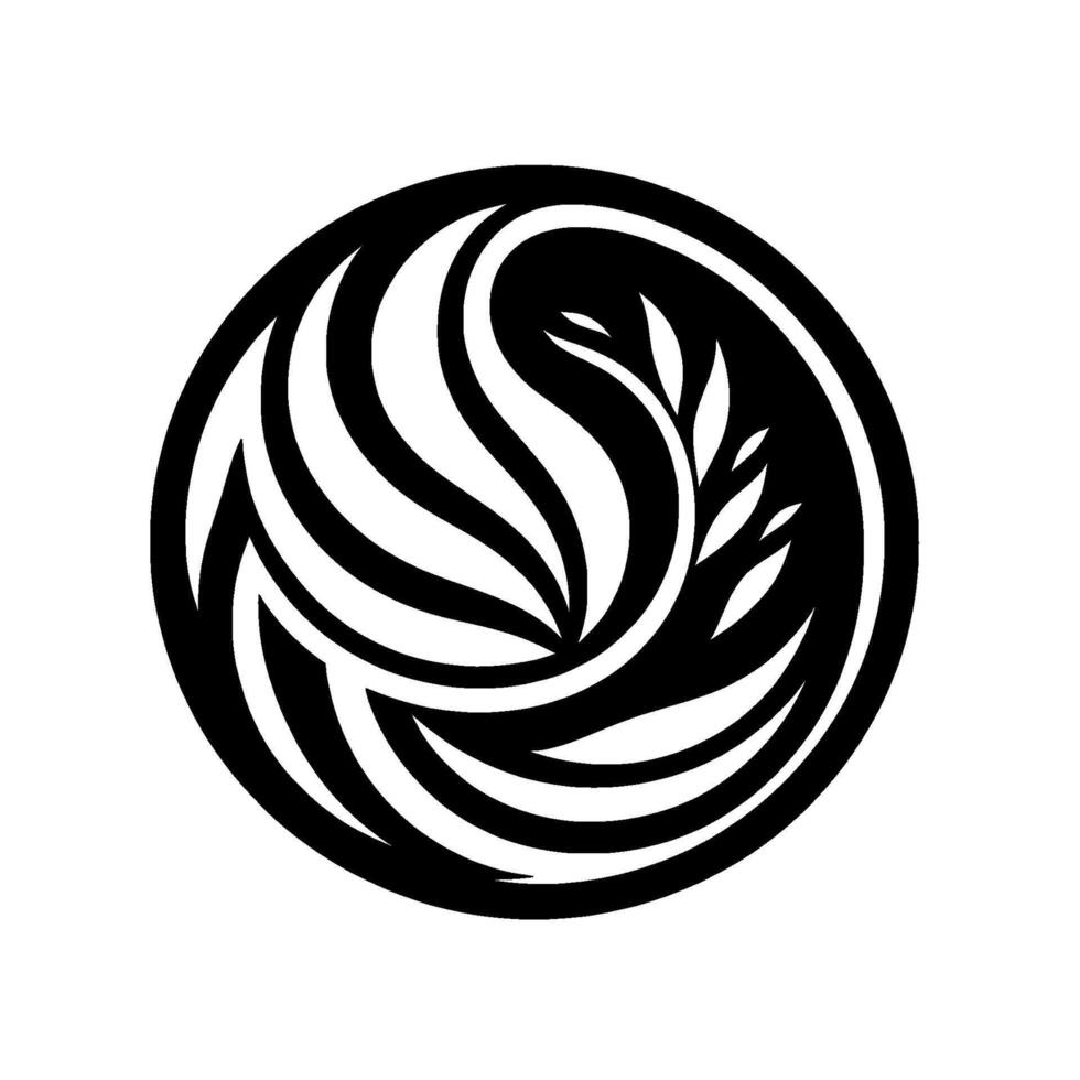 A monochromatic circular emblem features stylized, swirling leaves and a small branch of leaves within a black circle on a white background, showcasing an abstract design. vector