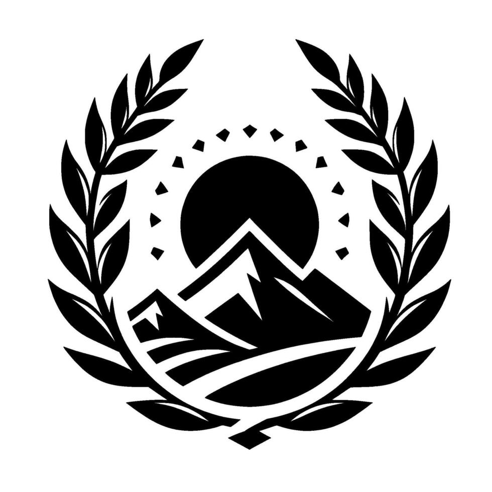 Monochromatic Emblem A stylized mountain landscape, sun, and olive branch wreath, evoking a sense of strength, peace, and natures serenity. vector