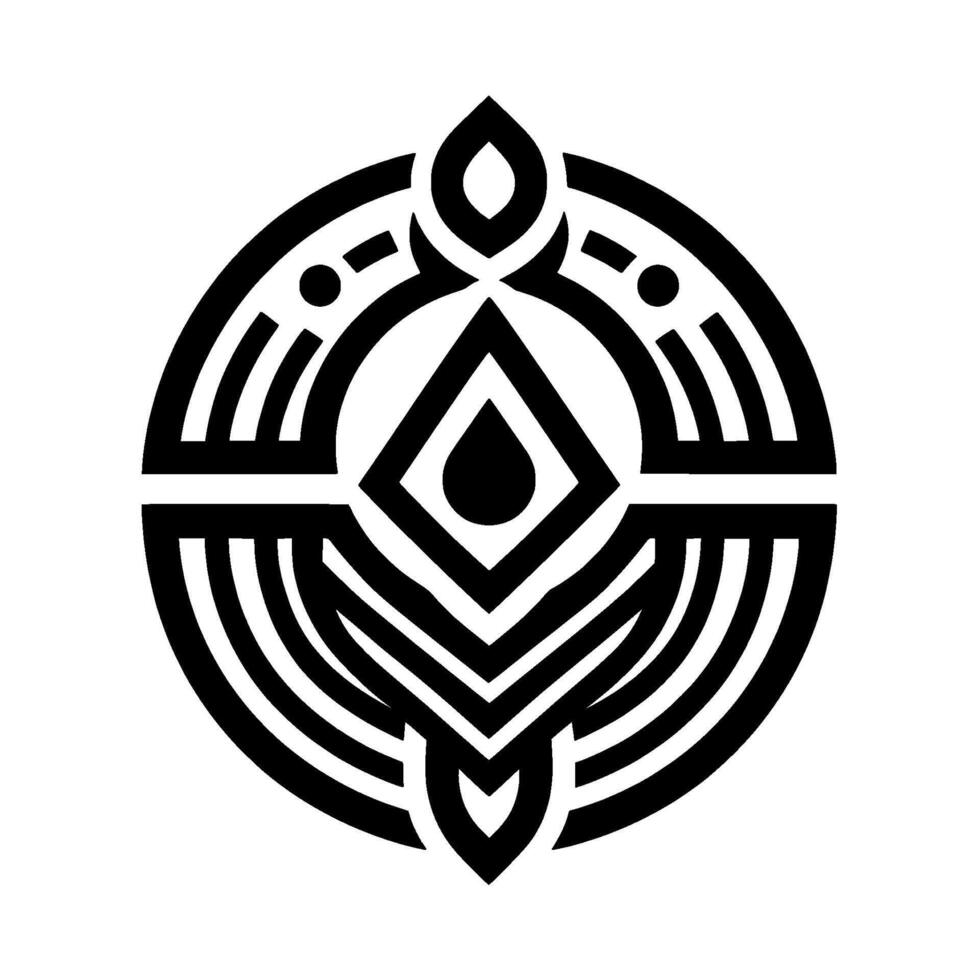 Intricate geometric featuring a central diamond with a teardrop, surrounded by circular and linear elements, set against a white backdrop. vector