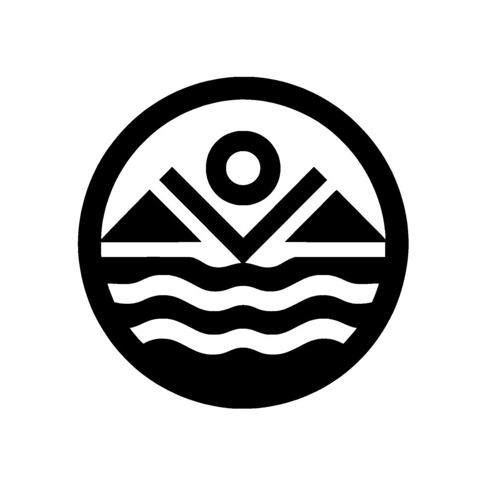 Monochromatic Circular Featuring Geometric Mountains, SunMoon, and Wavy Water, Emphasizing Nature and Outdoors in a Clean, Minimalist Design. vector