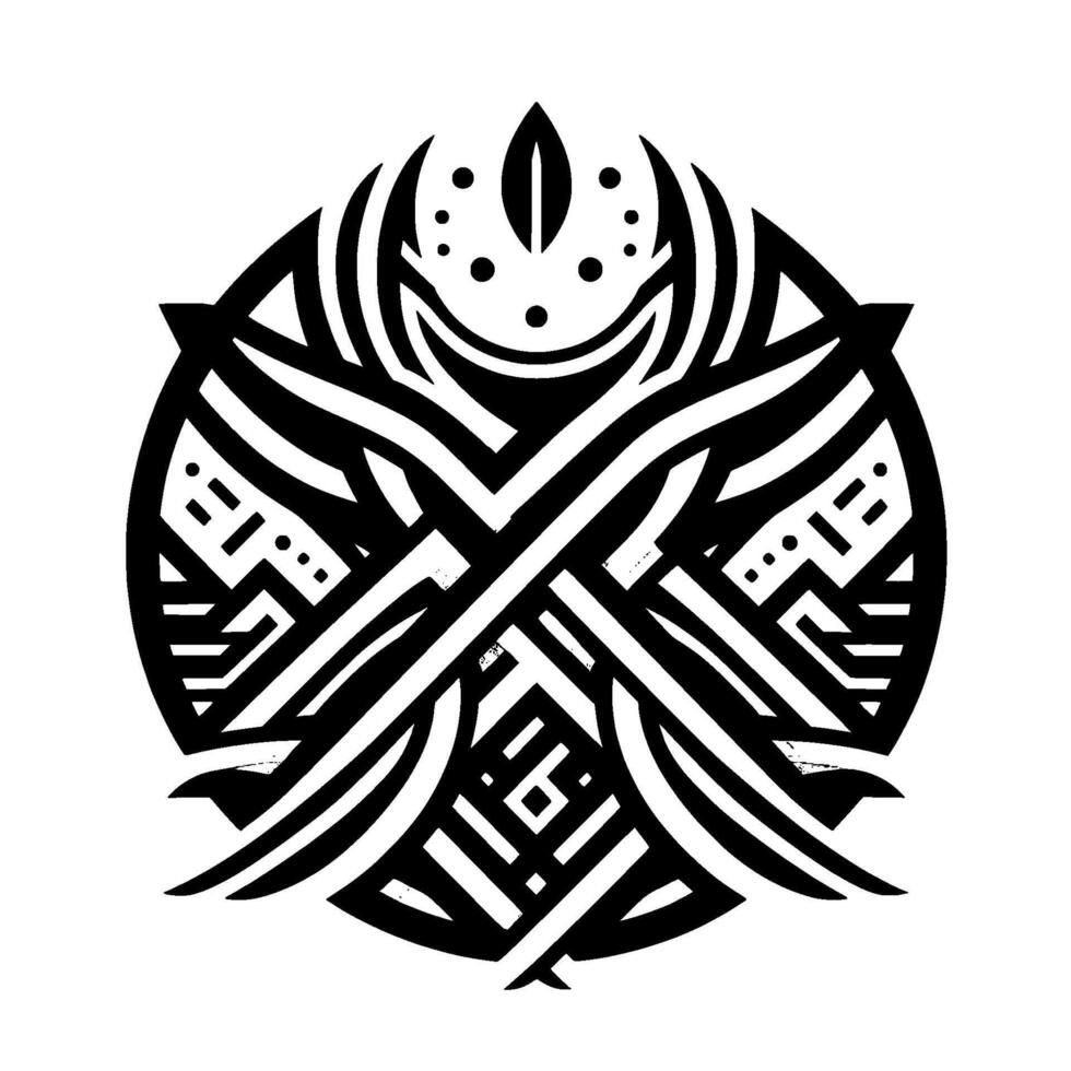 Symmetrical Black and White Geometric Design, Circular Arrangement with Overlapping Lines and Abstract Leaf Detail, on White Backdrop. vector