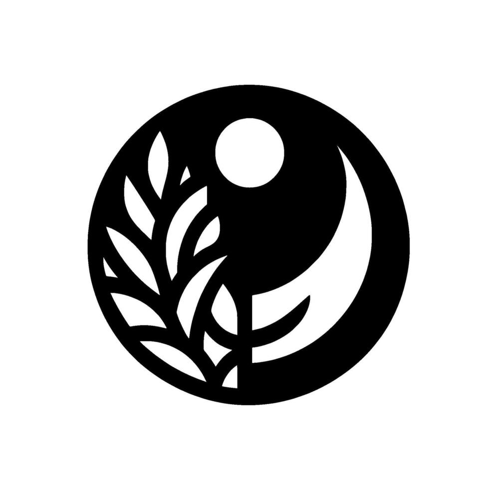Symbolic black and white circular with a wheatlike sprig, crescent moon, and a small sunlike circle. vector