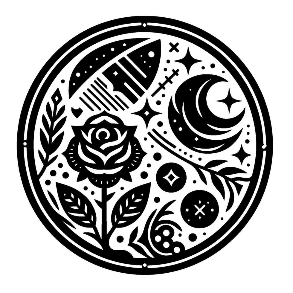 Intricate Black and White Celestial Rose Mandala Featuring Crescent Moon, Stars, and Floral Embellishments within a Circular Design. vector