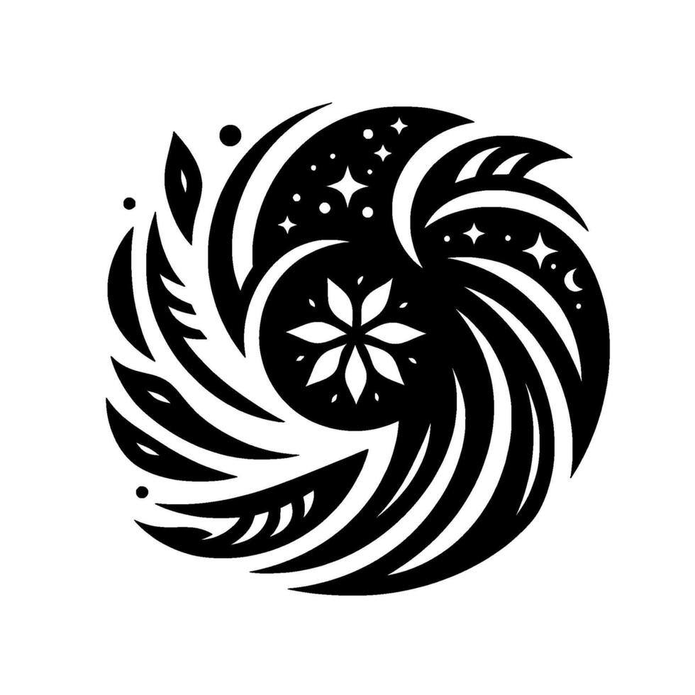 Black and white stylized swirling circular with floral center, starlight, and leaf accents. vector