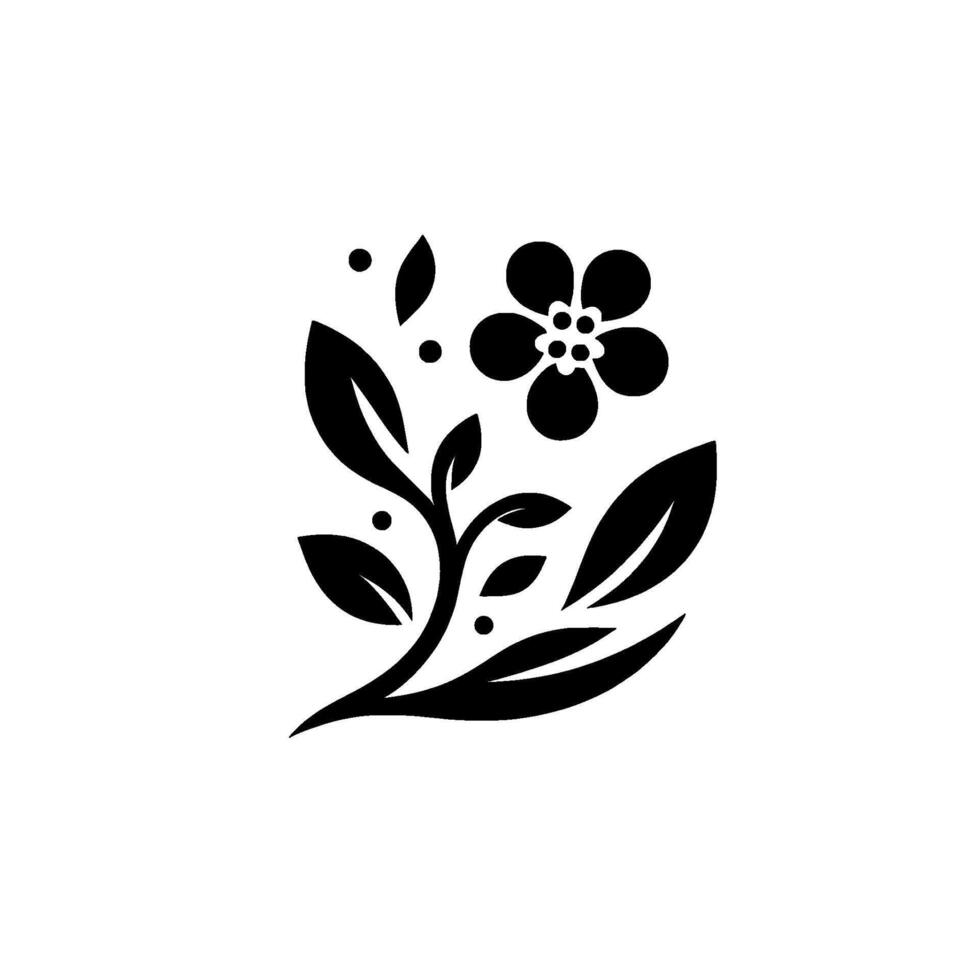 Minimalist Black Floral Illustration A stylized depiction of a flower, leaves, and dots on a clean white backdrop, evoking elegance and simplicity. vector