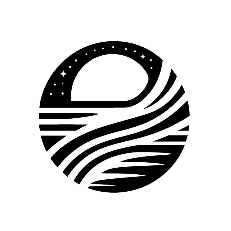 Abstract Black and White Circle depicting a stylized landscape with a starry night sky above a flowing water or land formation. vector