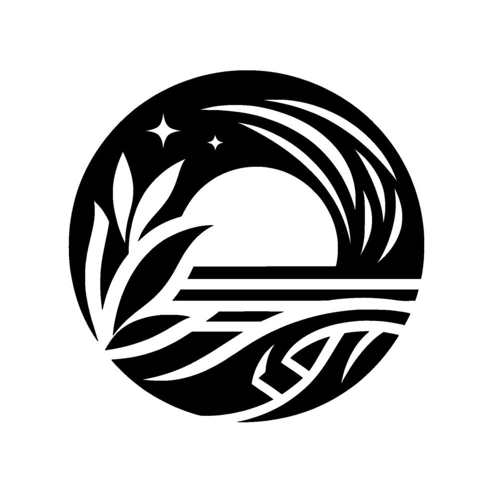 Abstract Monochrome Circular Design Rising Sun over Sea with Plant Silhouettes, Stars, and WaveLike Strokes. vector