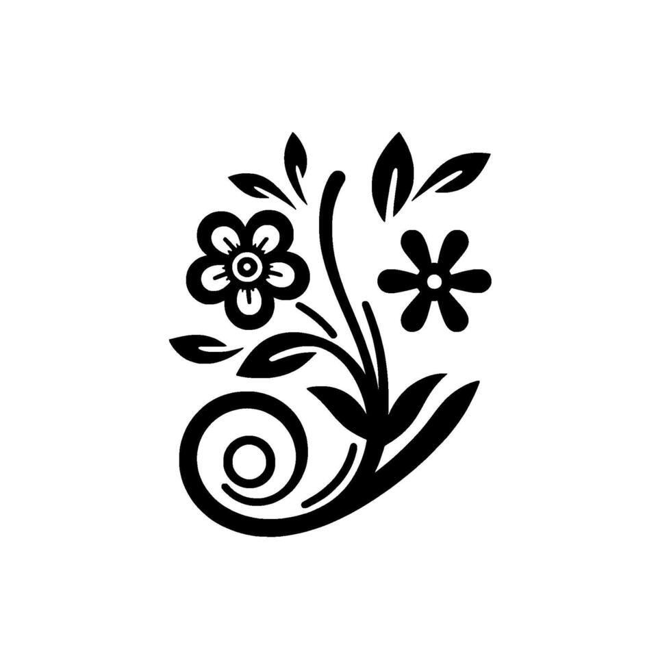 Elegant Black and White Floral Illustration A Stylized Botanical with Blooms, Leaves, and a Whimsical Spiral Element. vector