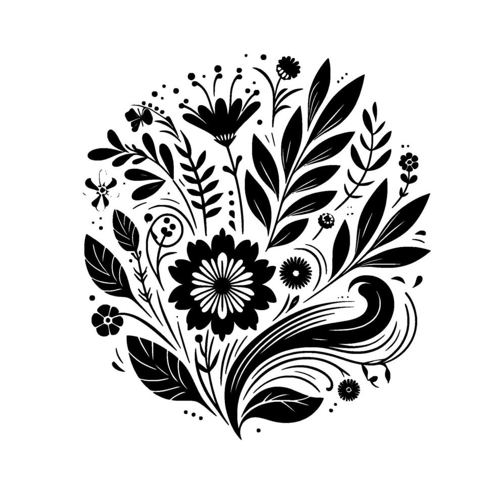 Intricate Black and White Floral Mandala with Detailed Leaves, Petals, and Spirals, Forming a Harmonious, Elegant Design. vector