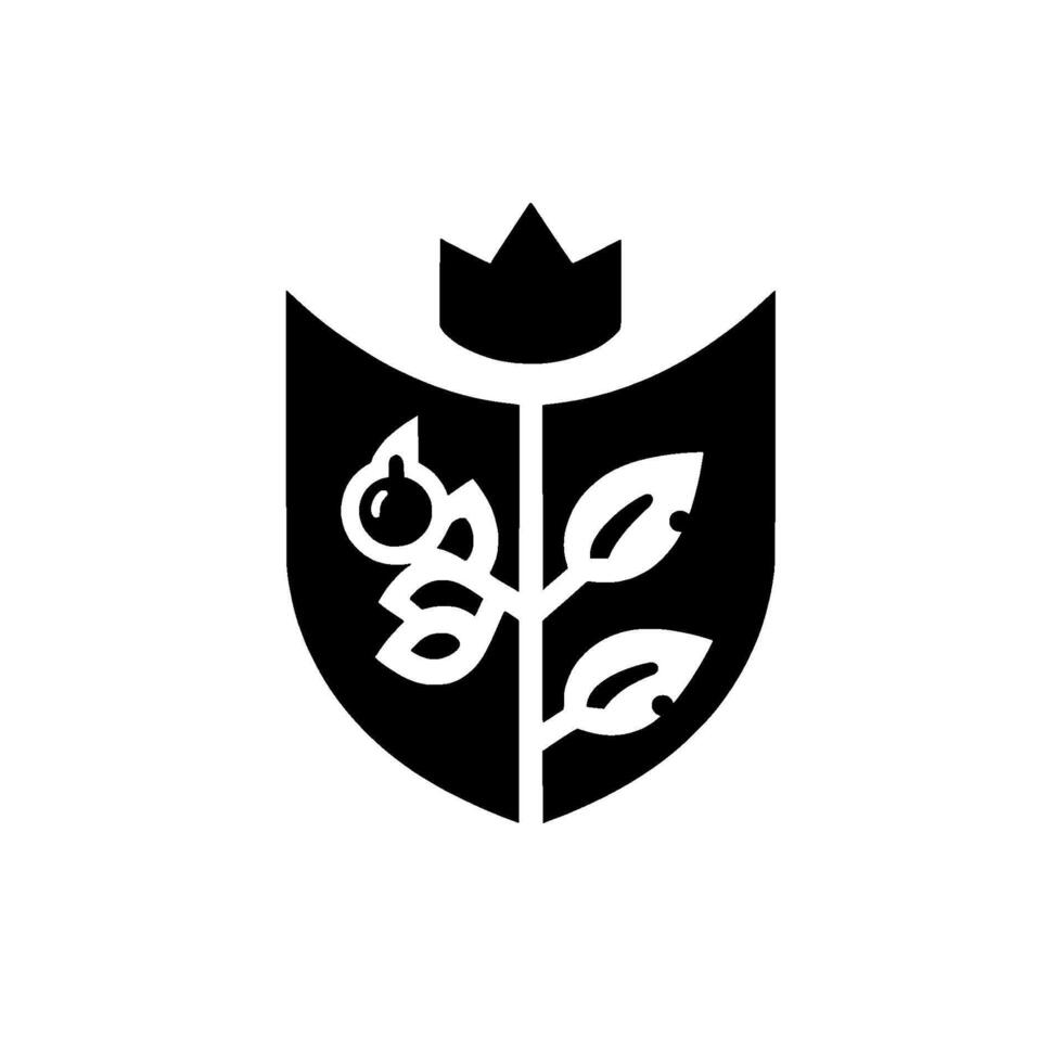 Elegant Black and White Crest A stylized emblem featuring a crown, berry sprig, and leafy branch design, set against a clean white background. vector