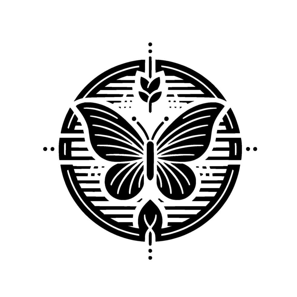 Symmetric Black and White Butterfly Inside a Circular Ornamental Frame, Geometric, Floral, and NatureInspired Design. vector