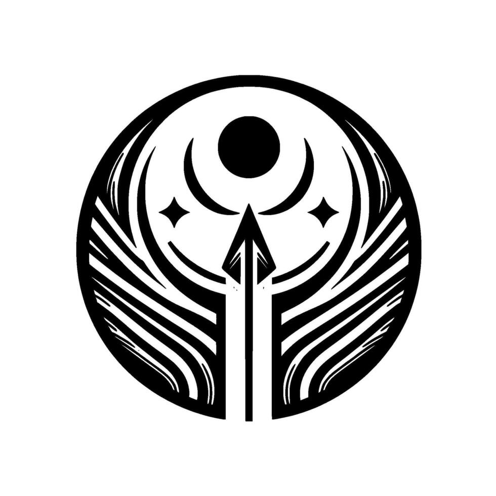 A symmetrical, minimalist emblem within a circle, showcasing an upwardpointing arrow, stylized celestial elements, and layered wings, all rendered in black and white. vector