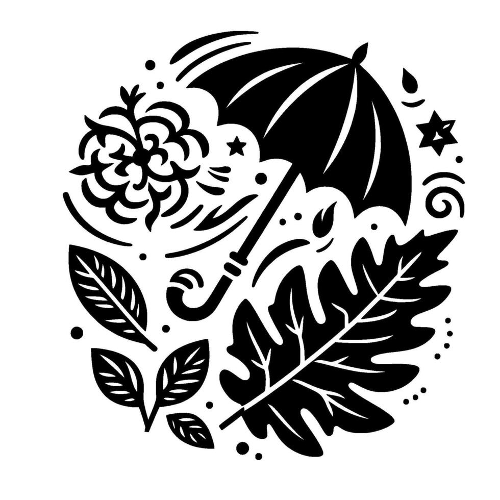 Artistic Monochrome Circle Composition Featuring an Umbrella, Leaves, Floral Elements, Stars, and Raindrop, Emphasizing Autumnal Aesthetics. vector