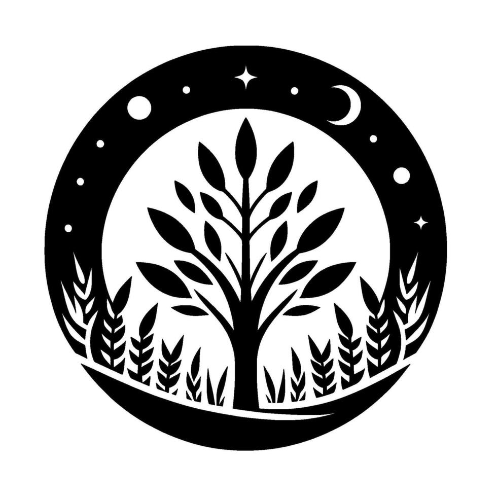 Serene black and white nature illustration within a circular frame. A tree and vegetation are featured, set against a night sky with stars and moon. vector