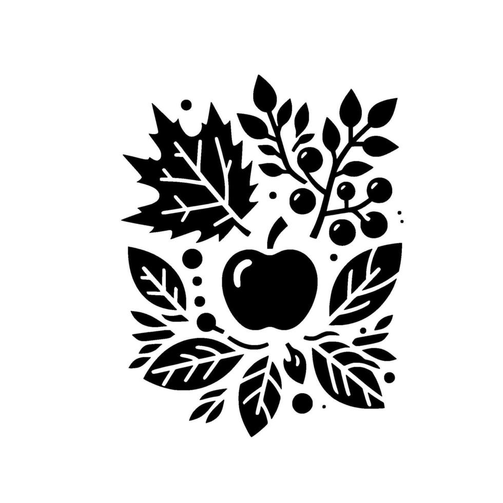 A stylized black and white illustration of an apple centerpiece, framed by leaves and berries, evoking autumnal themes and nature. vector