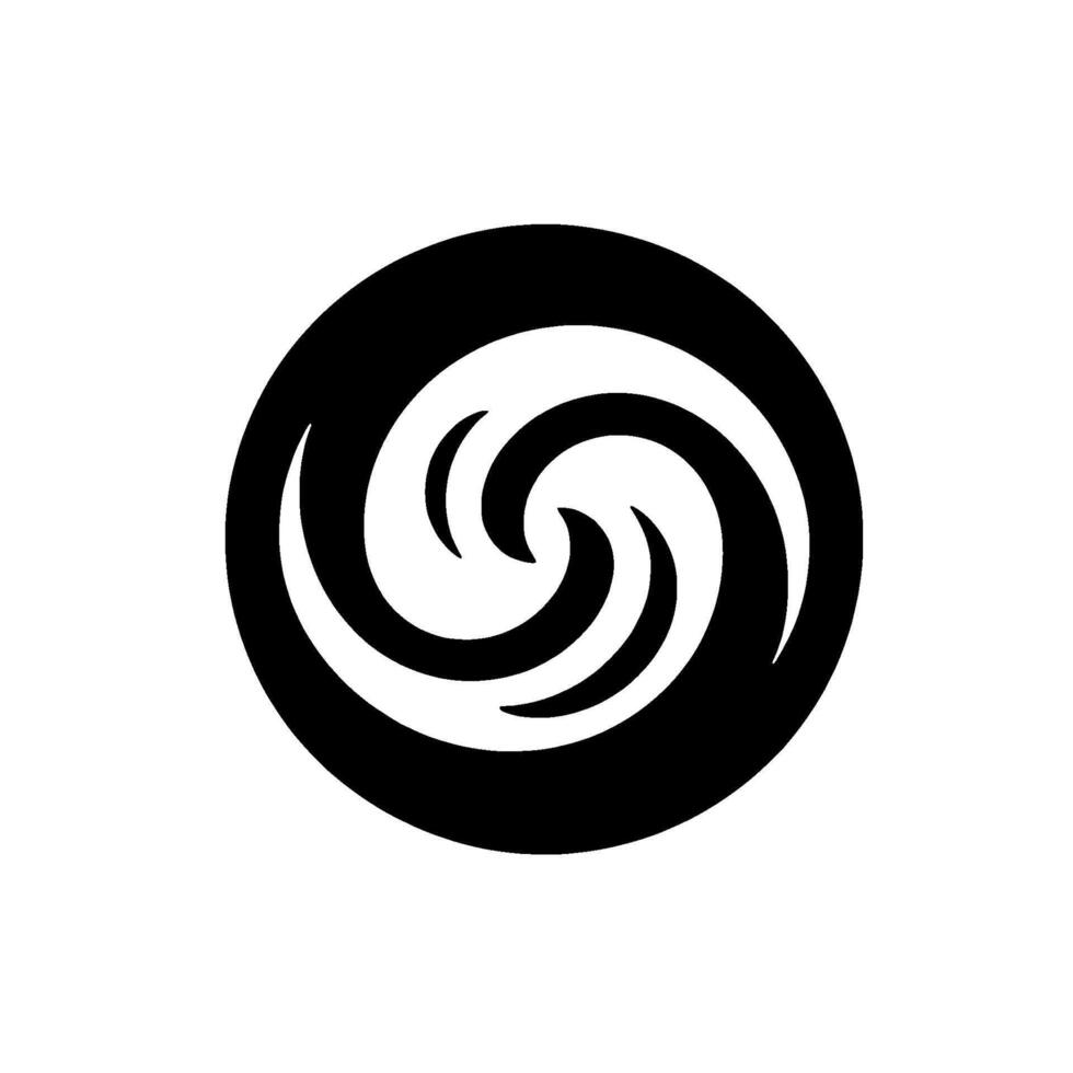 A minimalist black and white featuring a swirling, wavelike pattern encapsulated within a circular frame, evoking energy and movement. vector