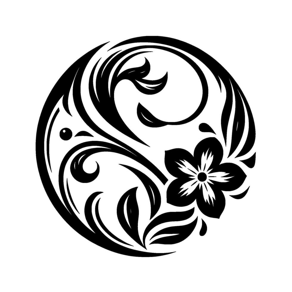 Elegant Black and White Floral Mandala A symmetrical showcasing swirling leaves, a delicate flower, and organic shapes within a circular frame, evoking harmony. vector