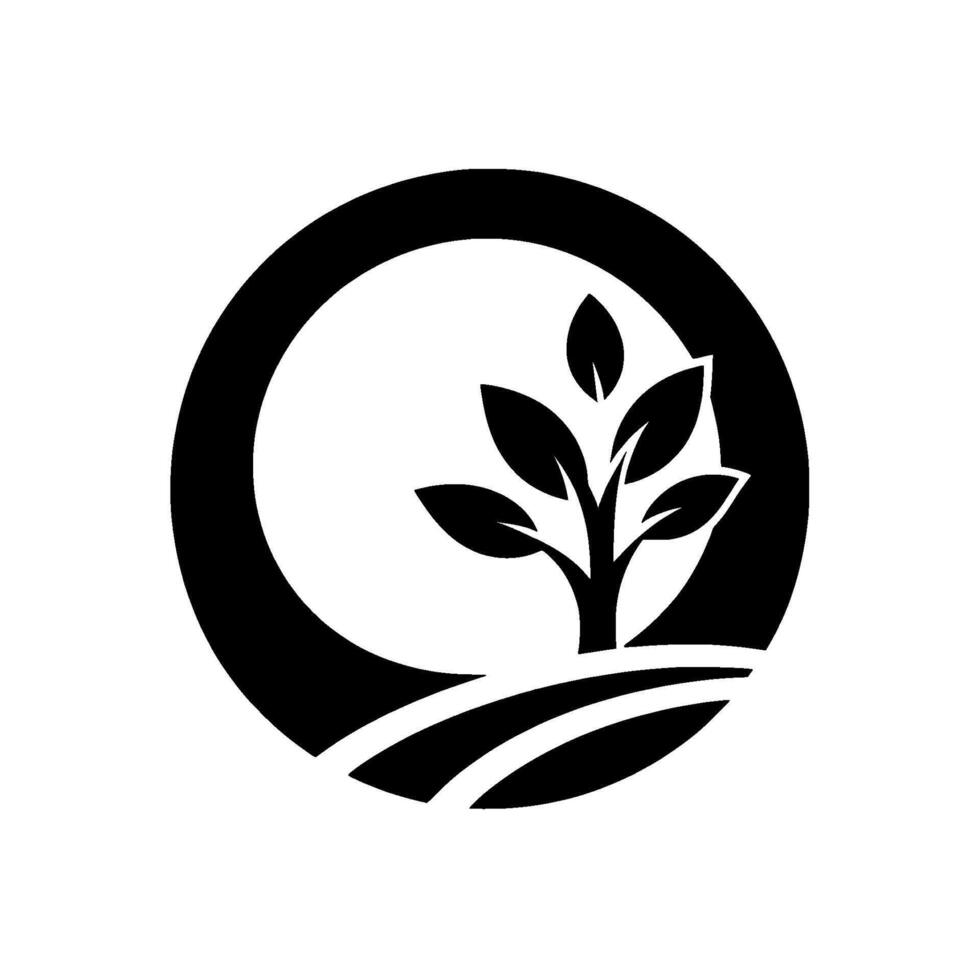 Symbolic black and white logo a tree with leaves growing within a circle, atop stylized rolling hills, conveying growth. vector