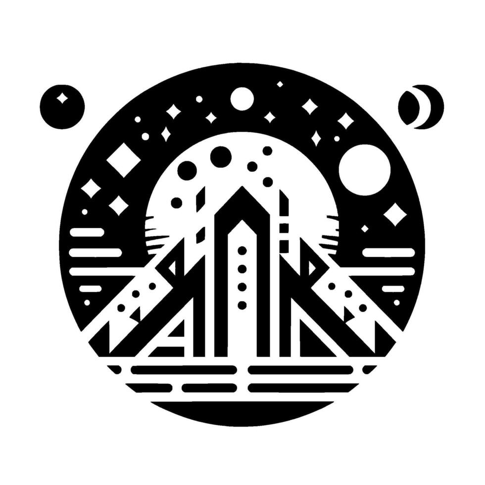 Geometric Black and White Circle Composition Depicting a City Skyline Under a Starry Night, with Celestial Bodies. vector