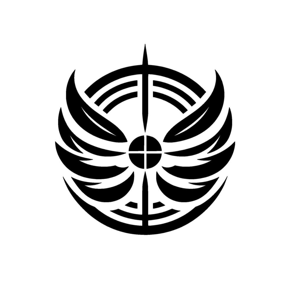 Circular Emblem with Abstract Winged Design, Central Cross, and Bladelike Element, Black and White vector